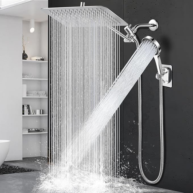 14 Inch Shower Head, Rain Shower Head with Adustable Extension Arm, Detachable Silver Rina Shower Head with Handheld Spray, High Pressure Shower Hose with Holder in Bathroom