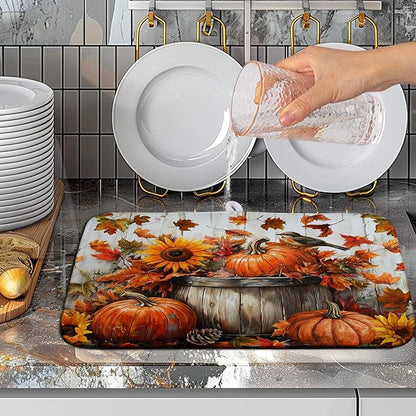 Fall Dish Drying Mat for Kitchen Counter Autumn Thanksgiving Pumpkin Sunflower Maple Leaf Leaves Birds Dishes Draining Pad Washable Dish Drainer Rack Mat Medium 16x18 Inch