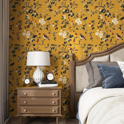 Laatse Vintage Bird Wallpaper 17.5"x118" Yellow Chinoiserie Floral Wallpaper Peel and Stick Removable Waterproof Self Adhesive Boho Wall Paper Floral Contact Paper for Bedroom Walls Cabinet Locker