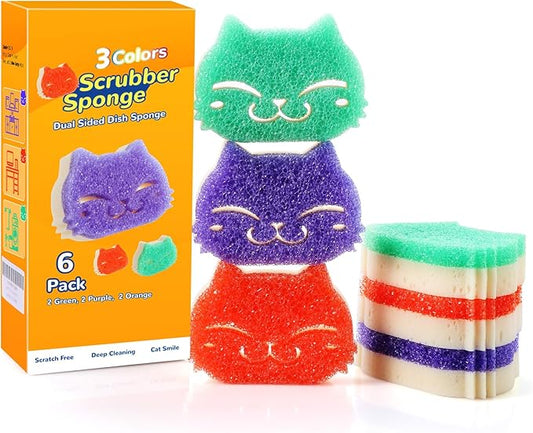 Eyliden 6 Pack Scrub Sponge - Dual-Sided, Smart-Temp Firmness, Dish Scrubber, Non-Scratch, Multi-Surface Safe Cleaning Sponges for Kitchen, Bathroom, Dish Scrubbing