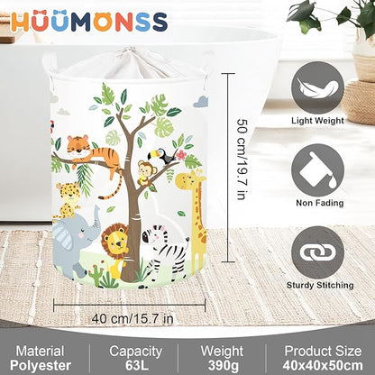 Forest Animals Laundry Hamper Woodland Tree Large Storage Basket Parents Organizer Kids Clothes Toy Bins for Bedroom, Bathroom, Giraffe, 63L