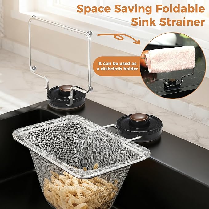 Kitchen Sink Strainer with Filter Mesh Bag, Suction Cup Food Waste Filter Basket, Foldable Washing Vegetables and Fruits Drying Bag Holder (Black Sink Strainer+100pcs Mesh Bag)