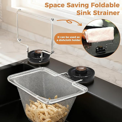 Kitchen Sink Strainer with Filter Mesh Bag, Suction Cup Food Waste Filter Basket, Foldable Washing Vegetables and Fruits Drying Bag Holder (Black Sink Strainer+100pcs Mesh Bag)