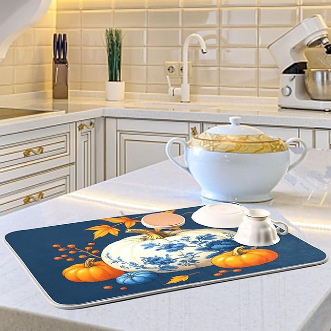 Pumpkin Porcelain Blue White Dish Drying Mat for Kitchen Countertop 18x24 Fall Maple Leaves Thanksgiving Day Large Drying Mat Reusable Quick Dry Dish Sink Mats Easy Clean Autumn Decorative Essentials