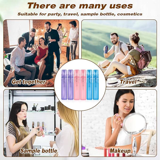 Mozeat Lens 6 PCS 5ml Mini Spray Bottle Plastic Portable Travel Bottle Fine Mist Refillable Mini Perfume Sample Bottles Clear Plastic Spray Bottle Empty for Cleaning Travel Essential Oils, 3 Color