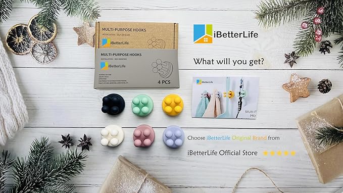 iBetterLife Bathroom Toothbrush Holders Wall Mounted - 4Pcs Silicone Tooth Brush Razor Holder for Shower Mirror Hanging Loofah Towel, Self Adhesive Cute Storage Hook for Kitchen Living Room Office