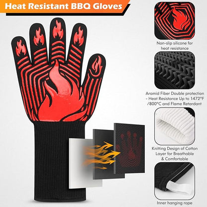 BBQ Gloves, 1472°F Heat Resistant Gloves Fireproof Mitts, Grilling Gloves Silicone Non-Slip Washable Oven Glove, Kitchen Glove for Barbecue, Grilling, Cooking, Baking, Camping, Smoker (Red)