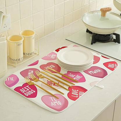 Valentine's Dish Drying Mat 18x24 Inches For Kitchen Counter Absorbent Love Heart Pink Kitchen Decoration Mother's Day Anniversary Wedding Drying Mat Pad For Home Kitchen,Office,Dining Room