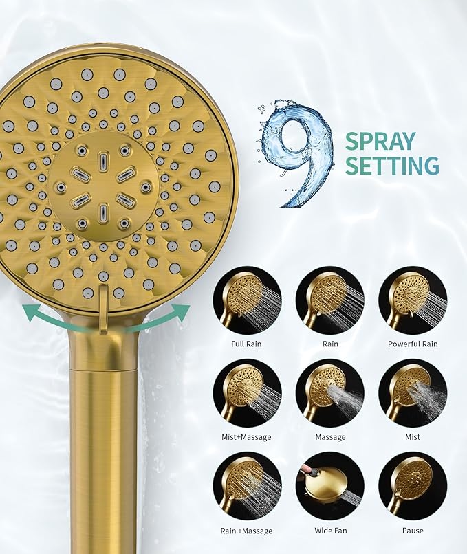 SR SUN RISE Filtered Shower Head with Handheld High Pressure 9 Spray Mode Showerhead Detachable Shower Head Water Softener Filters Beads for Hard Water Remove Chlorine 4 Filters Brushed Gold