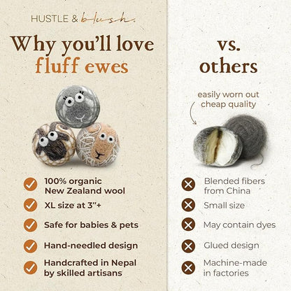Hustle & Blush Fluff Ewes Wool Dryer Balls 3 Pack - Extra Large Lights Premium Hand Needled New Zealand Laundry Set, Reduces Drying Time, Static Control, Chemical Free Reusable for Essential Oils