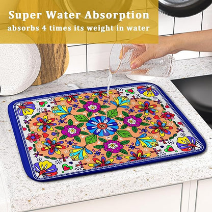 Mexican Talavera Dish Drying Mat Navy Blue Microfiber Dish Drain Pad for Kitchen Decor