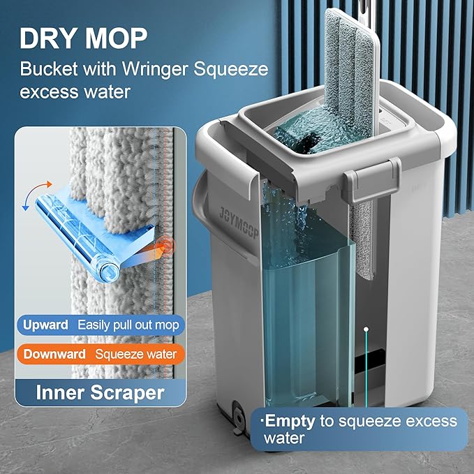 JOYMOOP Mop and Bucket Set for Floor Cleaning and Wall Cleaner, Flat Mop and Bucket System Set (White, White X-Large Bucket #5 + 60" Flat Mop + 3 Pads)