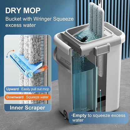 JOYMOOP Mop and Bucket Set for Floor Cleaning and Wall Cleaner, Flat Mop and Bucket System Set (White, White X-Large Bucket #5 + 60" Flat Mop + 3 Pads)
