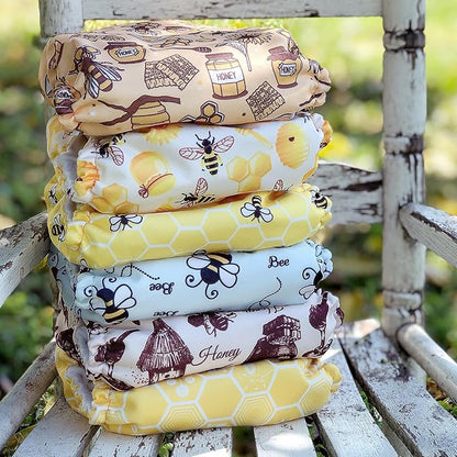 Mama Koala 3.0 Pocket Cloth Diapers for Babies with AWJ Lining, 6 Pack with 6 4-Layer Natural Cloth Diaper Inserts - Reusable and Washable Pocket Diapers(Hardworking Bees)