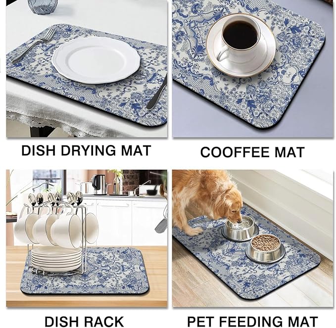 Dish Drying Mat for Kitchen Counter 2 Pack with Non-Slip Rubber Backing - Heat-Resistant Absorbent Coffee Bar Mat, Dish Rack Mat, Blue and White Pattern Dish Drying Mats 18x24+19.5x12 inch