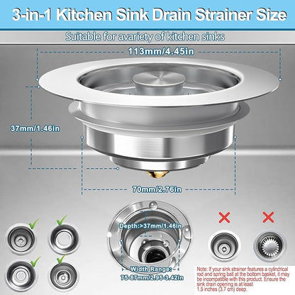 3-in-1 Kitchen Sink Drain Strainer & Stopper, Stainless Steel Food Catcher Plug with Filter Basket, Fits 3-1/2 Inch Drain Hole, Universal Sink Protector Cover, Anti-Clogging, Silver - 2Pack