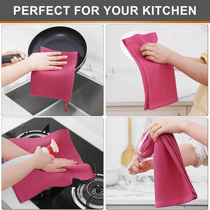 Kitinjoy 100% Cotton Waffle Weave Kitchen Hand Towels (13 X 28 Inches,Hot Pink), 12-Pack Super Soft and Absorbent Dish Towel for Drying Dishes