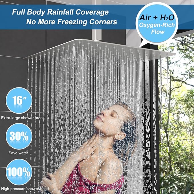 Enga Shower System Body Jets with On-Off Switch, 16 Inch Rain Shower Head System Full Body Spray Massage Shower Set, Multi Head Shower Faucet Combo, Brushed Nickel