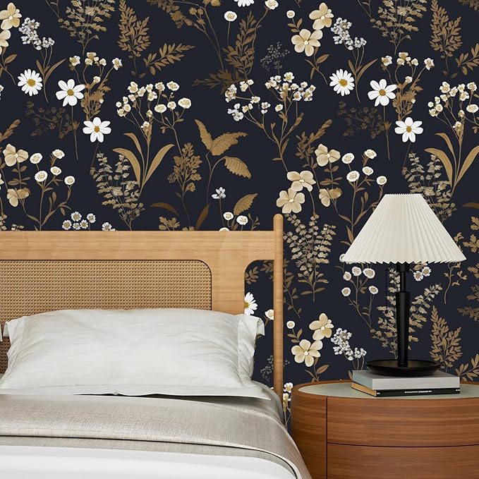 Laatse Dark Floral Wallpaper Peel and Stick 17.5in x 78.7in Navy Gold Leaf Wallpaper Vinyl Waterproof Self-Adhesive Dark Blue Botanical Wall Paper Mural for Bookcase Bedroom Cabinet Decor