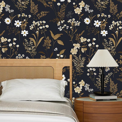 Laatse Dark Floral Wallpaper Peel and Stick 17.5in x 78.7in Navy Gold Leaf Wallpaper Vinyl Waterproof Self-Adhesive Dark Blue Botanical Wall Paper Mural for Bookcase Bedroom Cabinet Decor