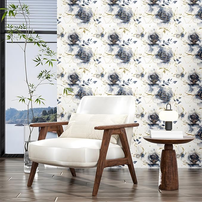 White Floral Wallpaper Peel and Stick Watercolor Blue/Golden Flower Contact Paper Modern Wall Paper Waterproof Self-Adhesive Wall Covering for Bedroom Countertop Desk Cabinets Decor 17.4" x 118"