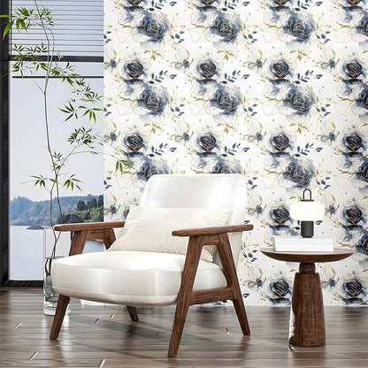 White Floral Wallpaper Peel and Stick Watercolor Blue/Golden Flower Contact Paper Modern Wall Paper Waterproof Self-Adhesive Wall Covering for Bedroom Countertop Desk Cabinets Decor 17.4" x 118"