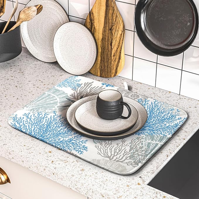 Coastal Blue Gray Dish Drying Pad 16 x 18 Inch With Absorbent Reversible Microfiber Starfish Seashell Coral Nautical Summer Drying Mats Dish Drainer Mat Fast Dry For Kitchen Dining Room Decoration