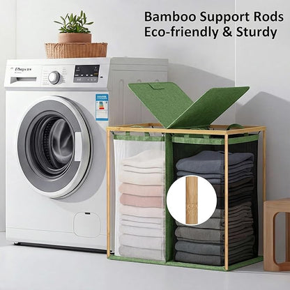 efluky Laundry Hamper with Lid, Double Laundry Hamper with 2 Removable Bags, 2 Section Laundry Basket with Bamboo Handles for Bathroom, Bedroom & Laundry Room,140L Green