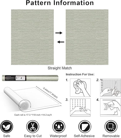 Simon&Siff Green Textured Grasscloth Peel and Stick Wallpaper 17.7"x118" Neutral Faux Grassweave Wallpaper Waterproof Self Adhesive Removable Wallpaper Mural for Home Decor Bedroom Kitchen Cabinet