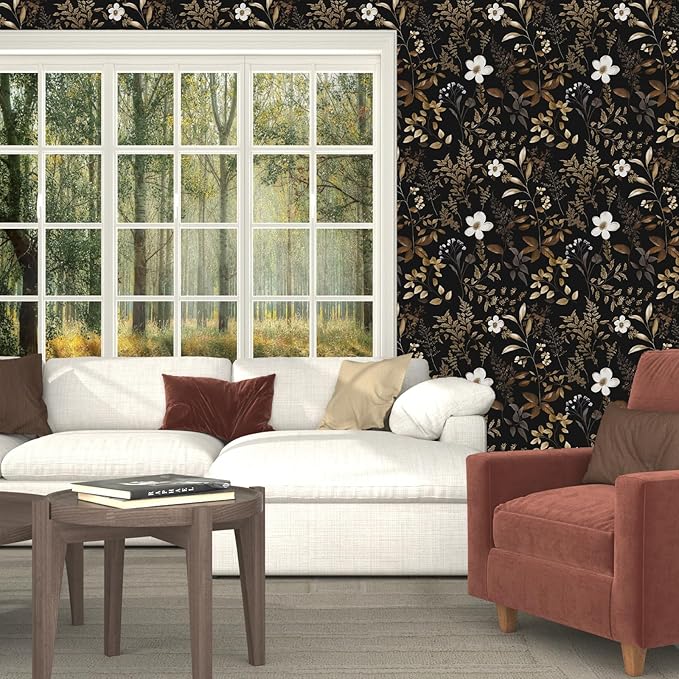 Laatse Black Floral Wallpaper Peel and Stick Boho Wallpapers 17.5" x 118" Gold Leaf Contact Paper for Cabinets Waterproof Self Adhesive Removable Wall Paper for Kitchen Table Countertop Walls