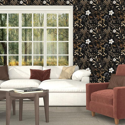 Laatse Black Floral Wallpaper Peel and Stick Boho Wallpapers 17.5" x 118" Gold Leaf Contact Paper for Cabinets Waterproof Self Adhesive Removable Wall Paper for Kitchen Table Countertop Walls