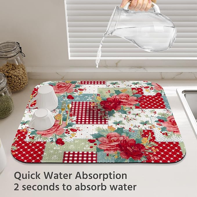 Dish Drying Mat for Kitchen Counter 18x24 Inch, Super Absorbent Dish Drainer Mat, Decorative Microfiber Dishes Drying Pad-Large(Red Flower)