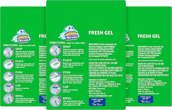 Scrubbing Bubbles Fresh Gel Toilet Bowl Cleaning Stamps Refills, Helps Keep Toilet Clean and Helps Prevent Limescale & Rings, Rainshower Scent, 12 Stamps (Pack of 6)