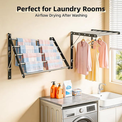 Wall Mounted Drying Rack, Pre-Install Adjustable Width 13-23 Inch, 60 lbs Heavy Duty Foldable Laundry Rack, Space Saving Stainless Steel for Apartment Laundry Room Bathroom, Black