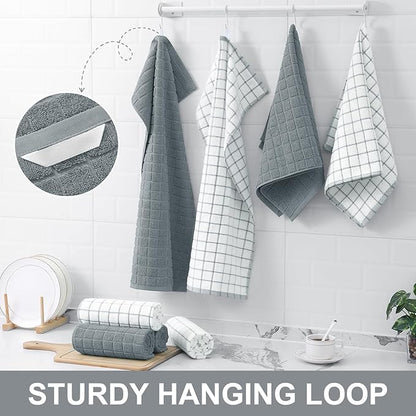Homaxy Premium Cotton Kitchen Towels 16"x 28", Large Natural Ring Spun 390 GSM Dish Towels, Super Absorbent Terry Kitchen Hand Towels, Soft Tea Towels with Hanging Loop, Grey Check Design, 12 Pack