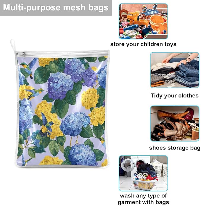 Mesh Laundry Bags Lingerie Bags for Washing Delicates 2 PCS Durable Wash Bag with Zipper Small and Medium Washable Blue Hydrangeas Hummingbirds