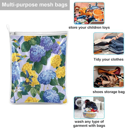Mesh Laundry Bags Lingerie Bags for Washing Delicates 2 PCS Durable Wash Bag with Zipper Small and Medium Washable Blue Hydrangeas Hummingbirds
