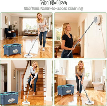 2026 Upgraded Gen 2 Spin Mop and Bucket Set with 4 Swivel Wheels for Easy Rolling, Separates Clean & Dirty Water, Floor Mop with 6 Washable Mop Heads for Wood, Tile, Vinyl, Baseboards - Grey/Blue