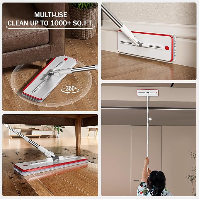 Dual Mop and Bucket Set, Flat Mop and Bucket System with Separate Dirty and Clean Water, 3-Compartment Wall Cleaner Mop, Flat Mops for Floor Cleaning with 6 Microfiber Pads