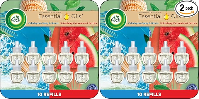 Air Wick Plug in Scented Oil Refill, 10ct, Calming Sea Spray Breeze & Fresh Watermelon, Air Freshener, Essential Oils, (Pack of 2)