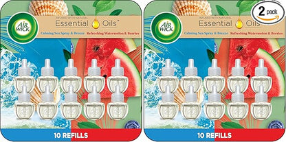 Air Wick Plug in Scented Oil Refill, 10ct, Calming Sea Spray Breeze & Fresh Watermelon, Air Freshener, Essential Oils, (Pack of 2)