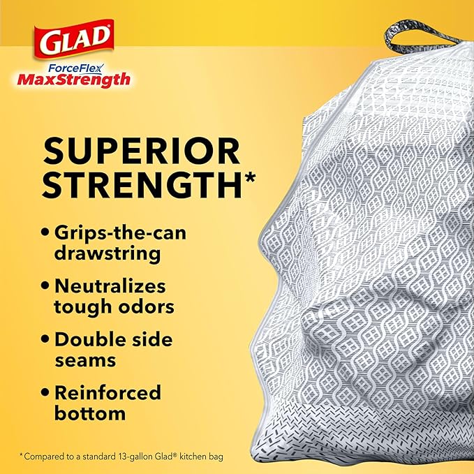 Glad ForceFlex MaxStrength Kitchen Trash Bags, 13 Gal, Fresh Clean Febreze, 34 Ct (Package May Vary) (Pack of 2)
