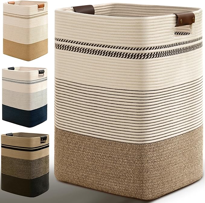 Laundry Hamper, 85L Tall Laundry Basket with Leather Handles, Rectangle Large Clothes Hamper for Organizing, Cotton Woven Laundry Baskets Storage Hampers for Bedroom, Nursery, Living Room