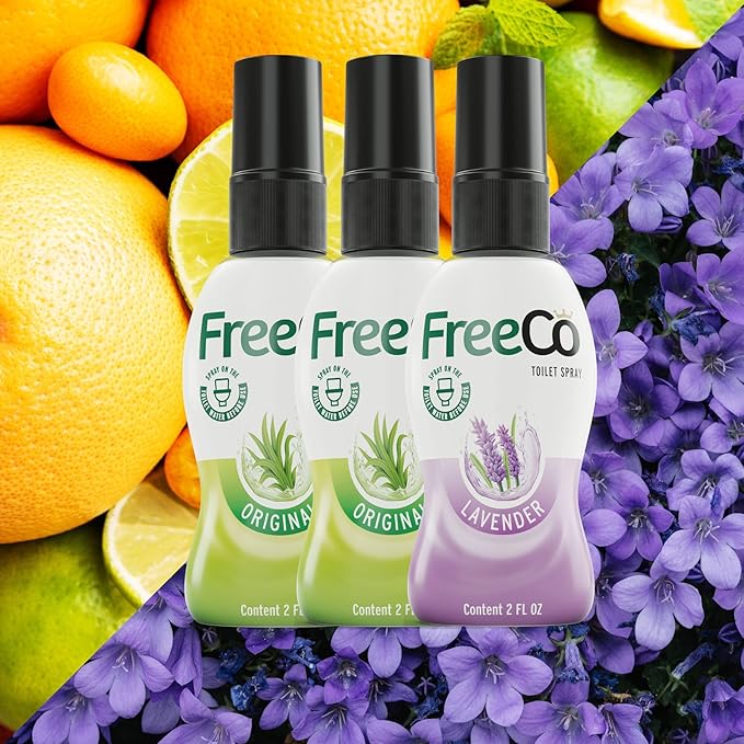 Freeco Before-you-go Toilet Spray | Stops odour Before it Begins with Essential Oils | Ideal for Home, Office, Public Spaces & Travel | Variety 3-Pack 3x60ml: 2 Citrus Scent & 1 Lavender Scent
