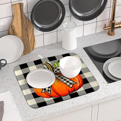 Fall Dish Drying Mat for Kitchen Counter 16x18 Autumn Pumpkin Plaid Theme Thanksgiving Day Absorbent Reversible Microfiber Drying Mats Kitchen Countertop Protector Dishes Drainer Pad
