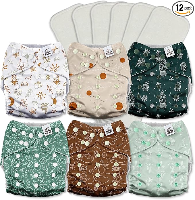 Mama Koala 3.0 Cloth Diapers for Babies with AWJ Lining, 6 Pack with 6 5-Layer Natural Cloth Diaper Inserts - Reusable and Washable Pocket Diapers(A-Seashore)