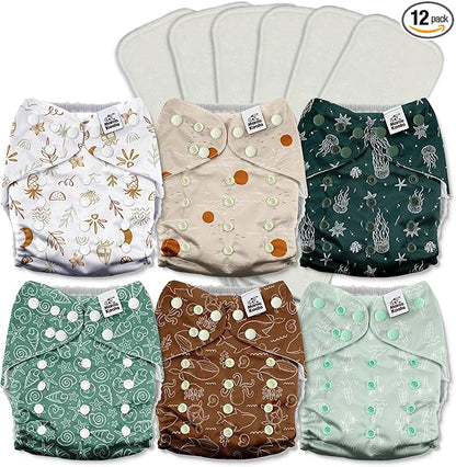 Mama Koala 3.0 Cloth Diapers for Babies with AWJ Lining, 6 Pack with 6 5-Layer Natural Cloth Diaper Inserts - Reusable and Washable Pocket Diapers(A-Seashore)