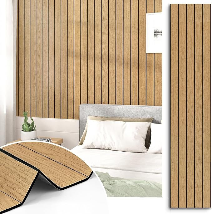Brown Peel and Stick Wood Panels 3D Textured Acoustic Faux Wood Wall Slat Panel Self Adhesive Soundproof Walnut Wooden Slatted Panel Wallpaper for Bedroom Ceiling Office Studio 11.8"x118"