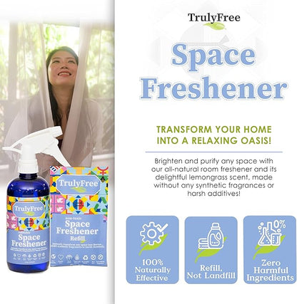 Truly Free Space Freshener Starter Kit, Lemongrass Essential Oil - Car and Air Fresheners for Home, Natural Odor Eliminator Room Spray, 16oz Spray Bottle, 1 Refill (3.4oz) No Synthetic Fragrances