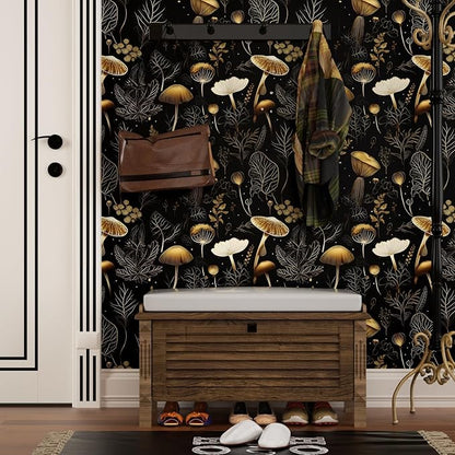 Laatse Black Gold Wallpaper Peel and Stick Dark Floral Contact Paper 17.5" x 393" Vinyl Self Adhesive Vintage Mushrooms Wall Mural Leaf Wall Paper for Room Countertop Drawer Decor Cabinet